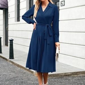 GRACE KARIN Women's Long Sleeve Pleated Dress V Neck  Belted Size S Blue NEW